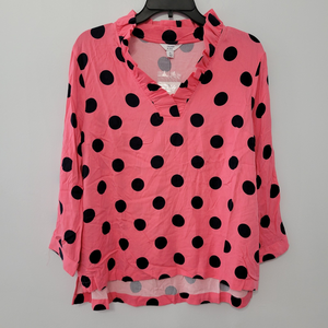 NWT Crown & Ivy Women's Ruffle Trim Pink Polka‎ Dot Blouse Top Size Large Petite